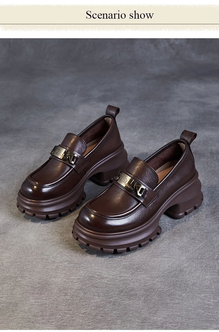 DRKANOL Women Genuine Leather Loafers 2026 Spring Autumn Thick High Heel Chunky Platform Handmade Retro Metal Trend Casual Shoes