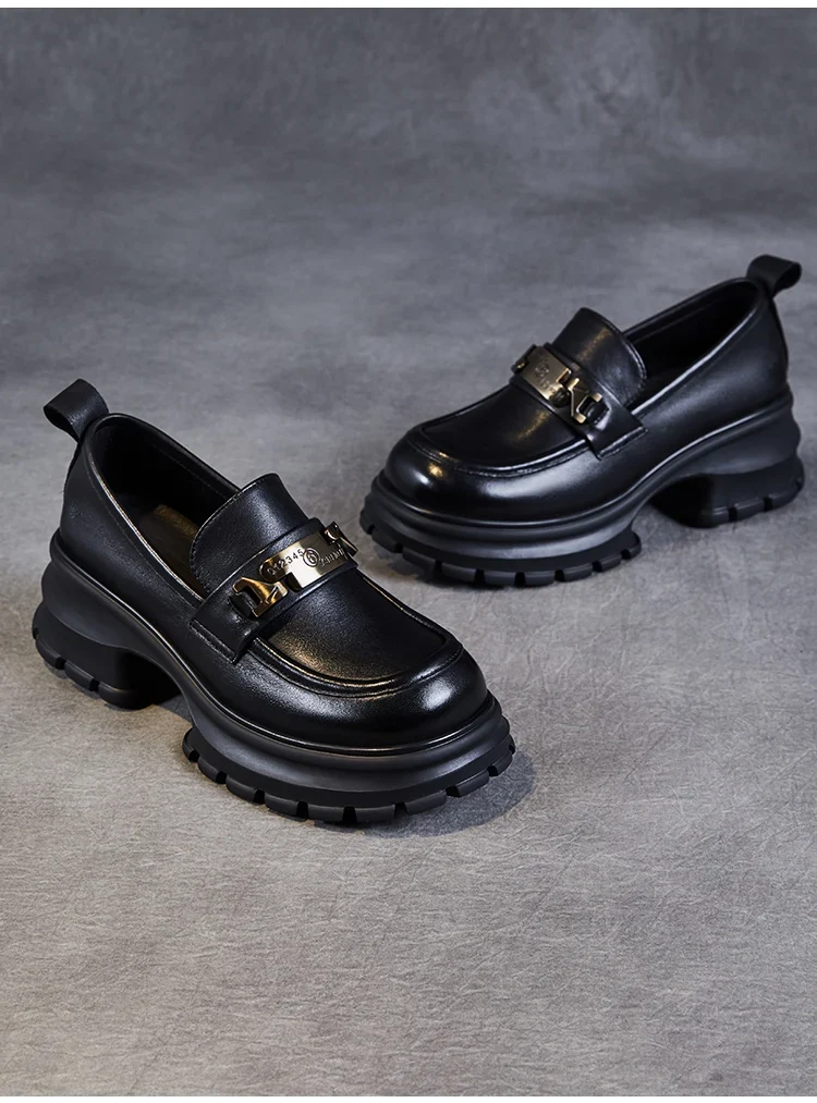 DRKANOL Women Genuine Leather Loafers 2026 Spring Autumn Thick High Heel Chunky Platform Handmade Retro Metal Trend Casual Shoes