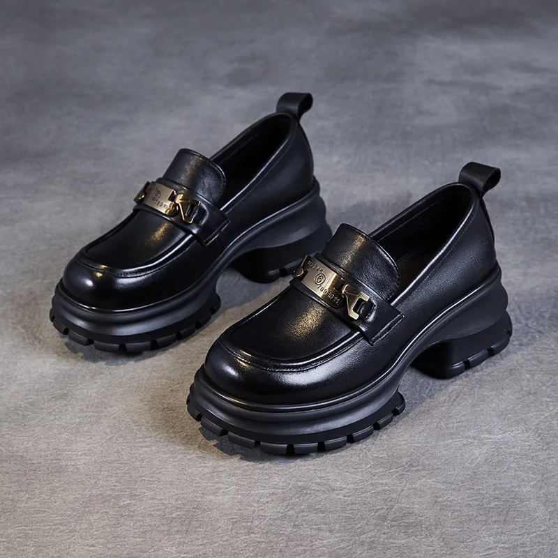 DRKANOL Women Genuine Leather Loafers 2026 Spring Autumn Thick High Heel Chunky Platform Handmade Retro Metal Trend Casual Shoes