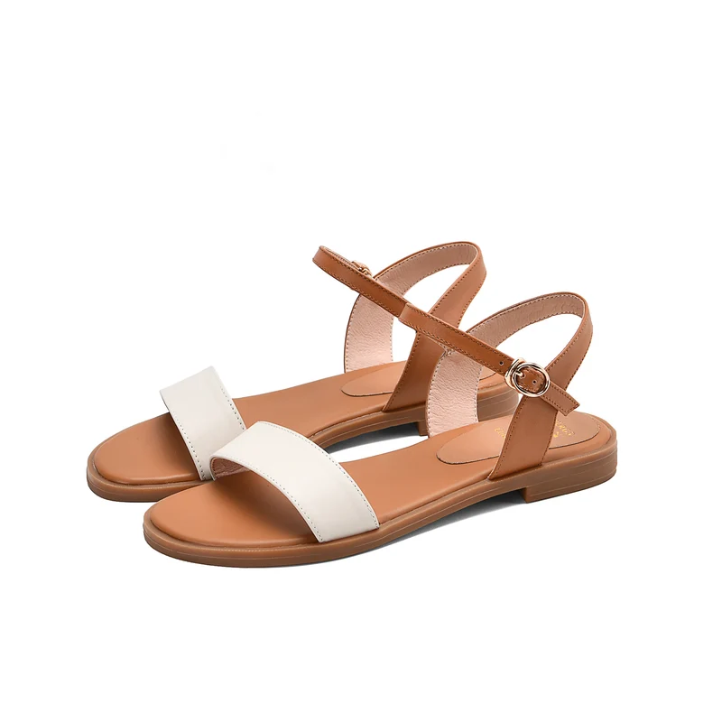 Meotina Women Shoes Flat Sandals Natural Genuine Leather Buckle Square Heel Shoes Cow Leather Sandals Female 2020 Big Size 43