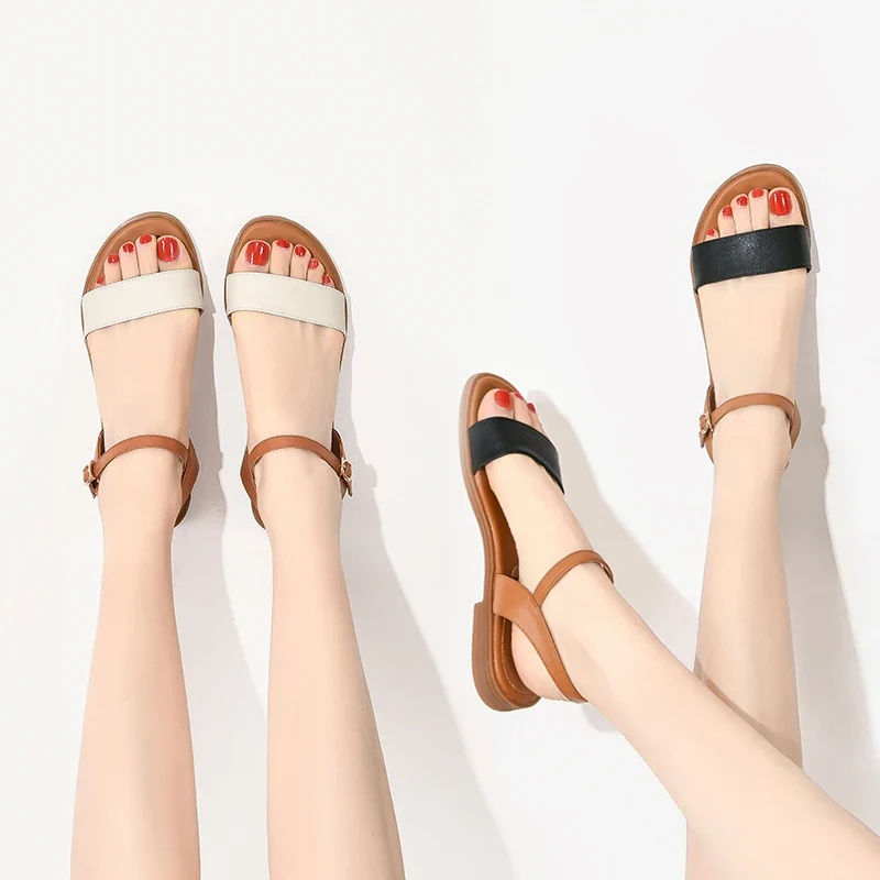 Meotina Women Shoes Flat Sandals Natural Genuine Leather Buckle Square Heel Shoes Cow Leather Sandals Female 2020 Big Size 43