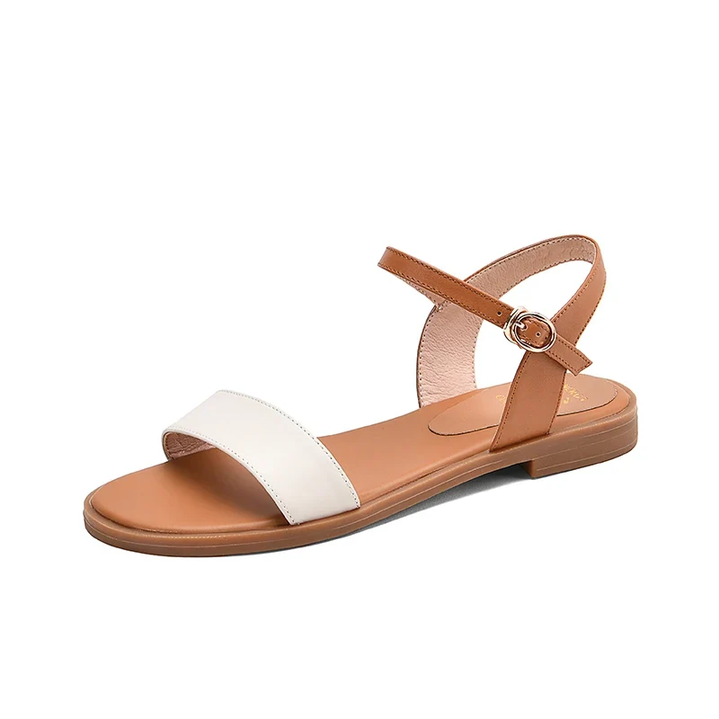 Meotina Women Shoes Flat Sandals Natural Genuine Leather Buckle Square Heel Shoes Cow Leather Sandals Female 2020 Big Size 43