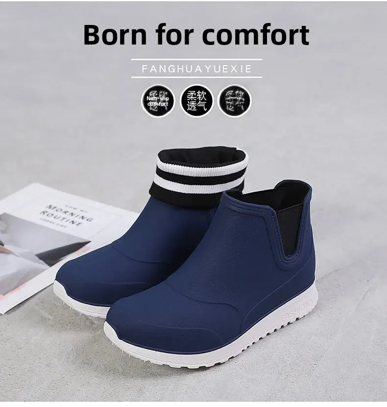 Fashionable Winter Short Ankle Women's Rain Boots Waterproof Slip Resistant Car Wash Shoes Adult Fleece Lined PVC Ladies Footwea