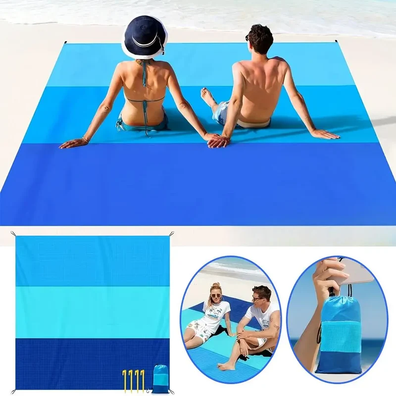 200x210cm Sandproof Waterproof Beach Mat, Foldable 3-Color Spliced Outdoor Picnic Blanket, Lightweight Pocket Camping Mat