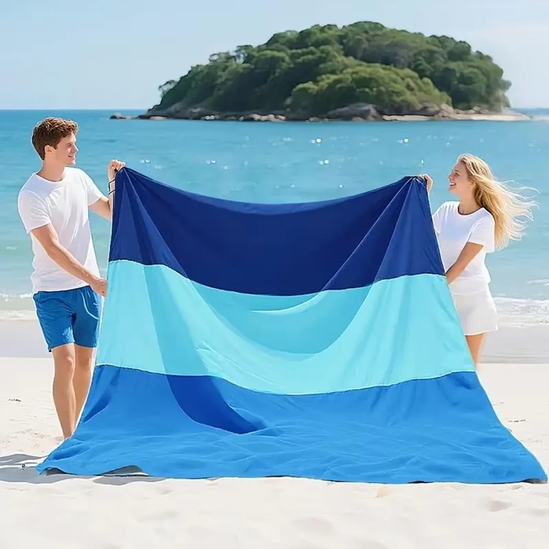 200x210cm Sandproof Waterproof Beach Mat, Foldable 3-Color Spliced Outdoor Picnic Blanket, Lightweight Pocket Camping Mat