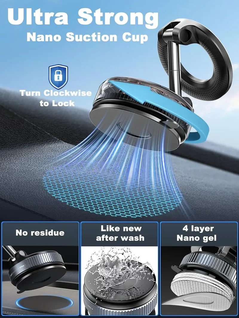 Strong Magnetic Vacuum Car Phone Holder Foldable 360° Adjustable Universal Mount for Car Dashboard Desk Bathroom & More