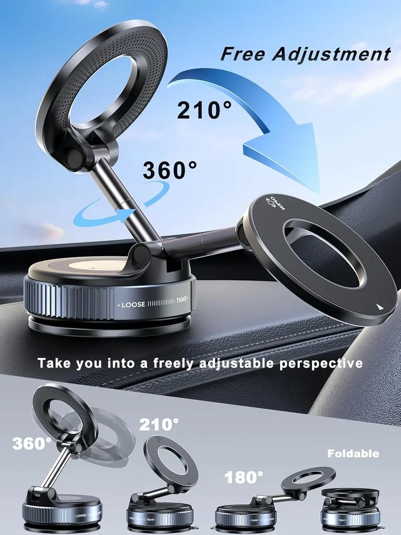 Strong Magnetic Vacuum Car Phone Holder Foldable 360° Adjustable Universal Mount for Car Dashboard Desk Bathroom & More