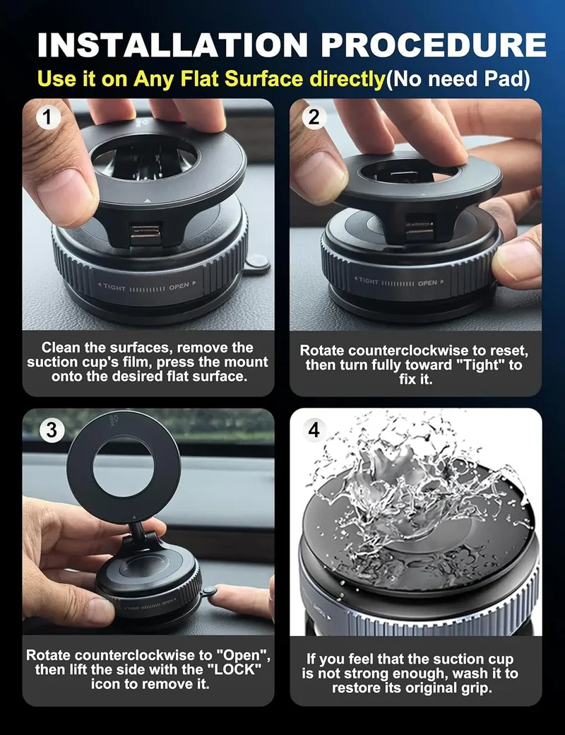 Strong Magnetic Vacuum Car Phone Holder Foldable 360° Adjustable Universal Mount for Car Dashboard Desk Bathroom & More