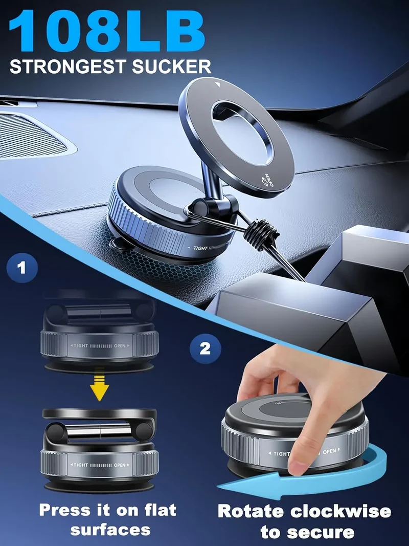 Magnetic Car Phone Holder Foldable Design Upgraded 360° Adjustable Vacuum Suction Cup Bracket for Car Dashboard & Windshield