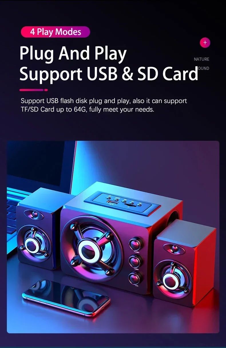 3D Hifi Stereo USB Active Bluetooth Speaker Computer Multimedia RGB Subwoofer AUX, USB, TF Suitable for TV, Computer Audio