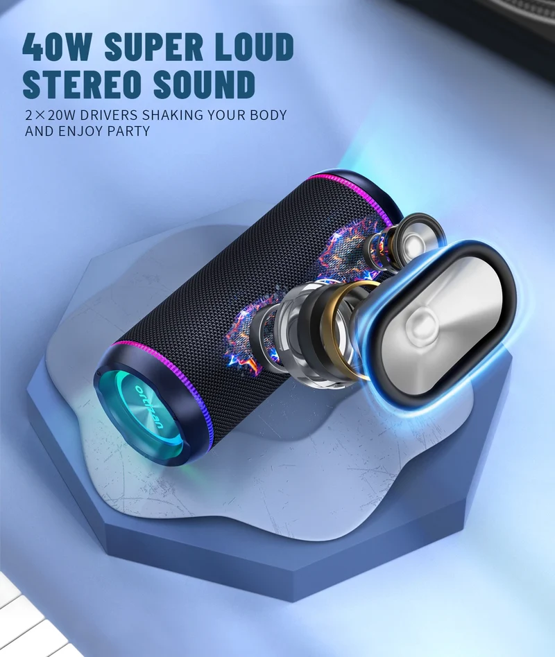 Ortizan Wireless Portable Bluetooth Speaker X30 with 40W Stereo Sound, Rich Bass, IPX7 Waterproof, 30H Playtime, TWS, LED Lights