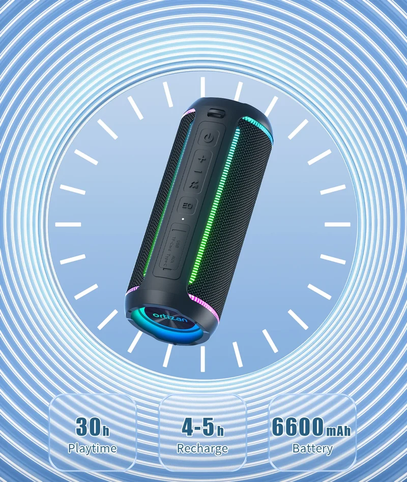 Ortizan Wireless Portable Bluetooth Speaker X30 with 40W Stereo Sound, Rich Bass, IPX7 Waterproof, 30H Playtime, TWS, LED Lights