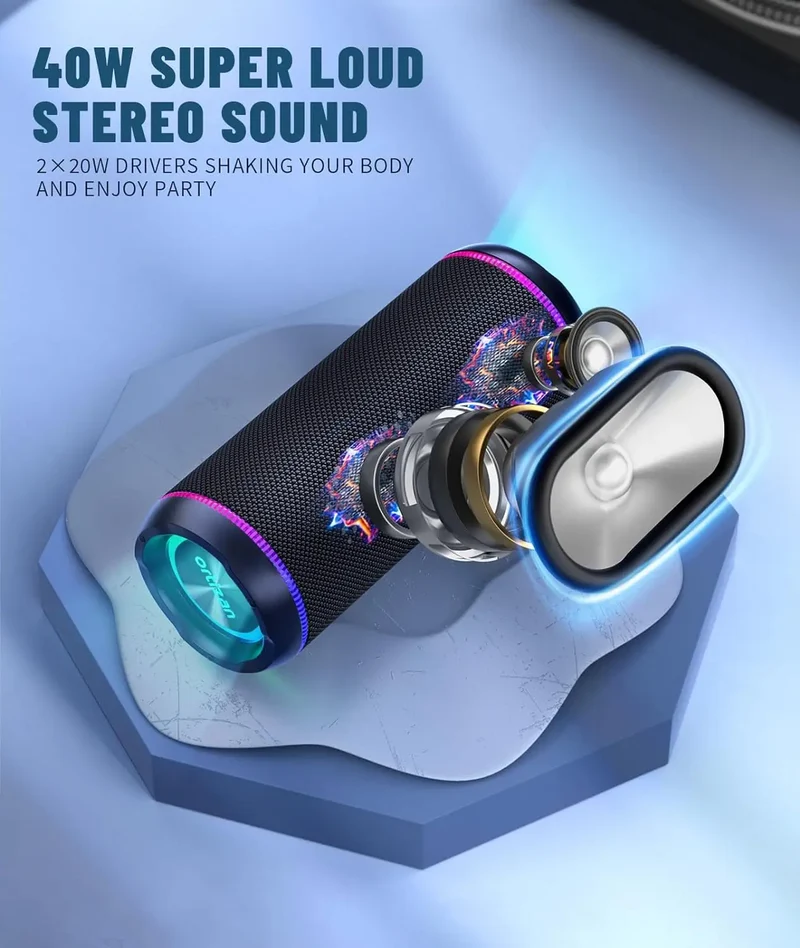 Ortizan Wireless Portable Bluetooth Speaker X30 with 40W Stereo Sound, Rich Bass, IPX7 Waterproof, 30H Playtime, TWS, LED Lights