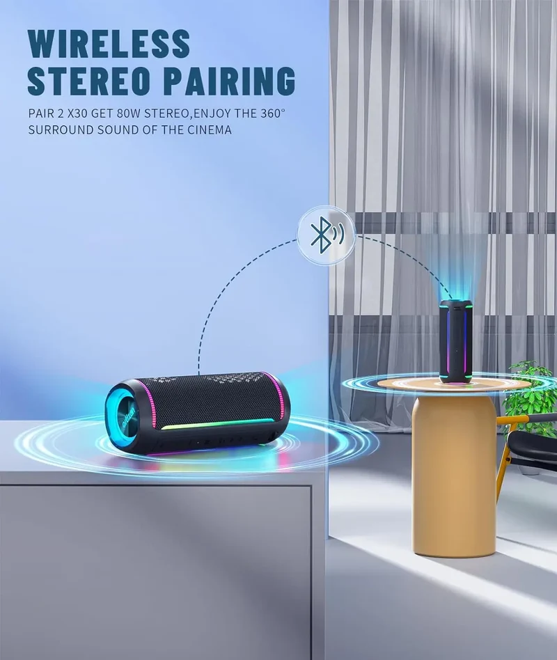 Ortizan Wireless Portable Bluetooth Speaker X30 with 40W Stereo Sound, Rich Bass, IPX7 Waterproof, 30H Playtime, TWS, LED Lights