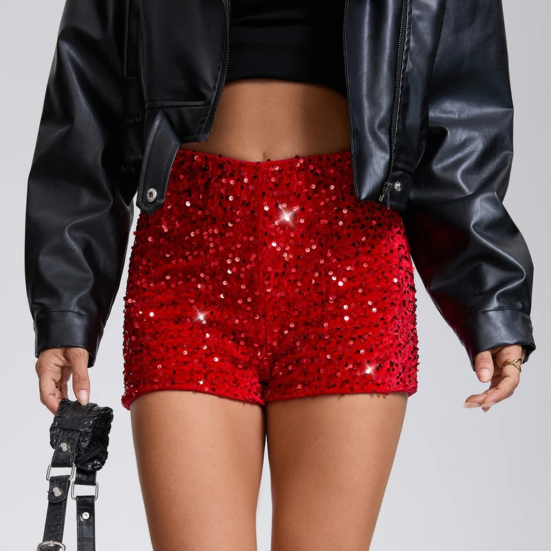 Anfilia Women Fashionable Shorts Leopard Print With Sequins High Waist Sexy & Club y2k Outfits Shorts For Women