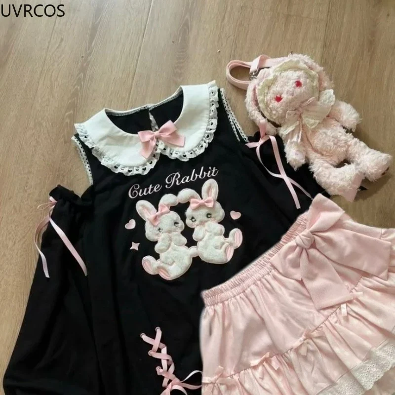 Japanese Sweet Lolita 2 Piece Sets Women Cute Bow Cartoon Bunny Off Shoulder T-shirts Pink Cake Mini Skirts Kawaii Y2k Outfits