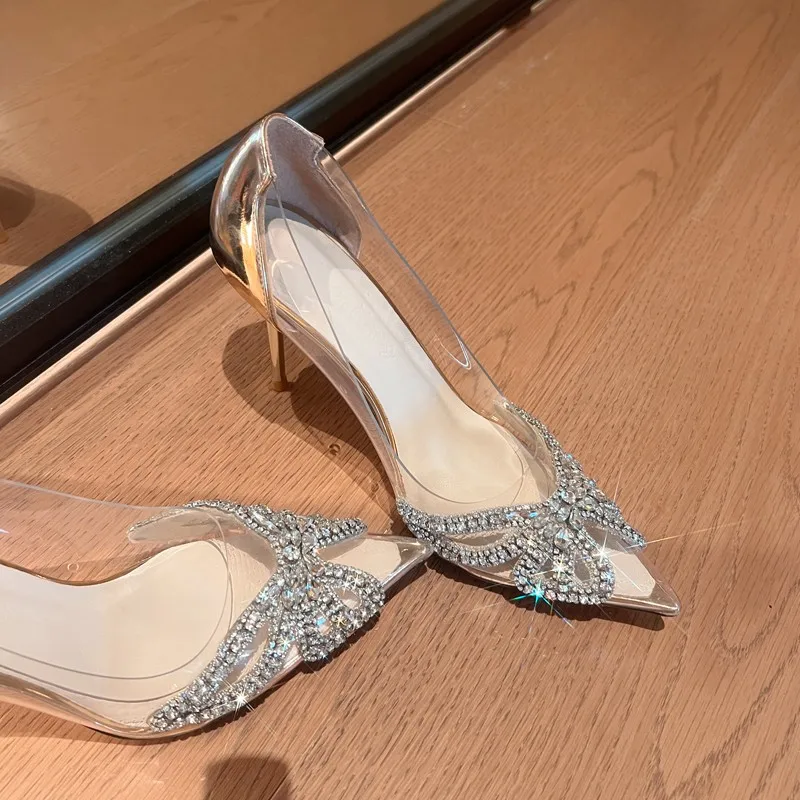 New Summer New Women's Fashion Pointed Transparent PVC Rhinestone Wrapped Back Buckle High Heel Sandals Banquet Shoes