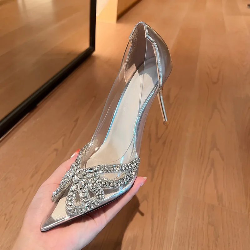 New Summer New Women's Fashion Pointed Transparent PVC Rhinestone Wrapped Back Buckle High Heel Sandals Banquet Shoes