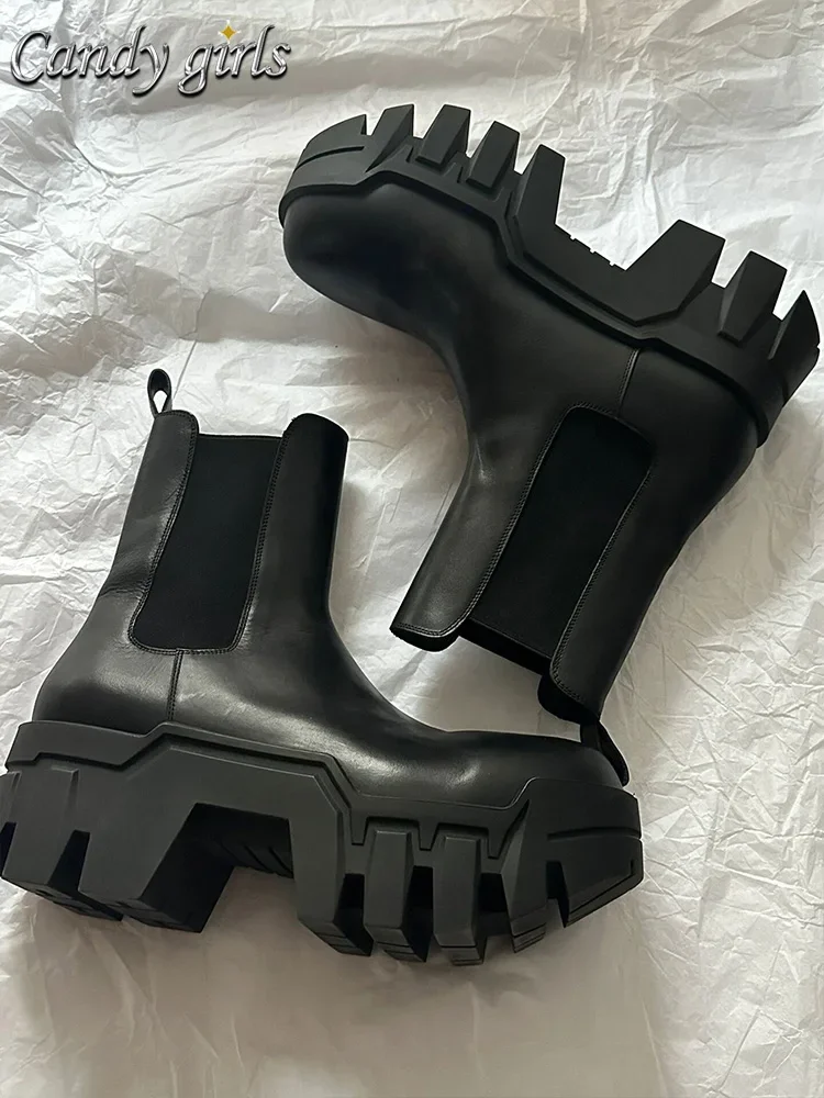 Retro Chelsea Mid-Calf for Women 2024 New round Toe Muffin Gear Platform Black Mid-Calf Length Motorcycle Boots