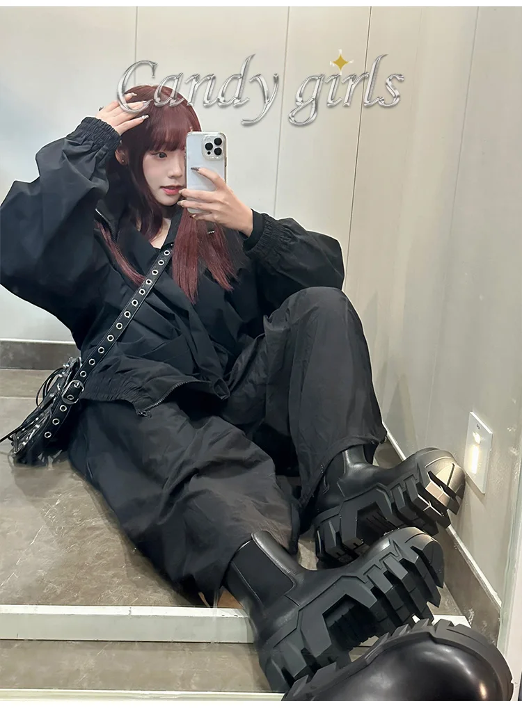 Retro Chelsea Mid-Calf for Women 2024 New round Toe Muffin Gear Platform Black Mid-Calf Length Motorcycle Boots