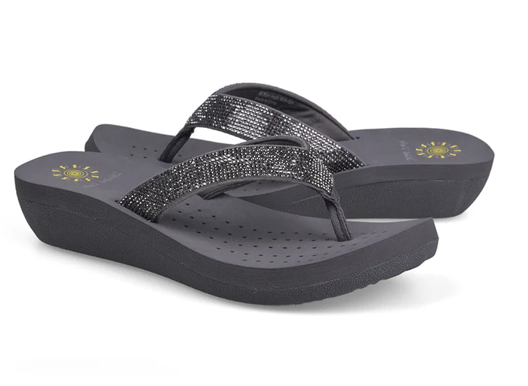 Best Selling Womens Slides Quality Rhinestone Slope Heel Flip-flops Non-slip Elastic Insoles Korean Fashion Summer Sandals