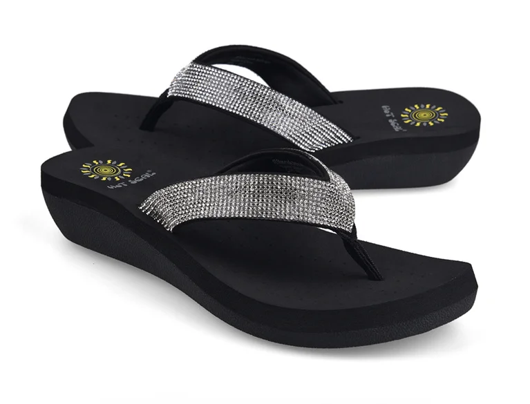 Best Selling Womens Slides Quality Rhinestone Slope Heel Flip-flops Non-slip Elastic Insoles Korean Fashion Summer Sandals