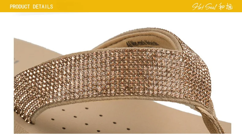 Best Selling Womens Slides Quality Rhinestone Slope Heel Flip-flops Non-slip Elastic Insoles Korean Fashion Summer Sandals