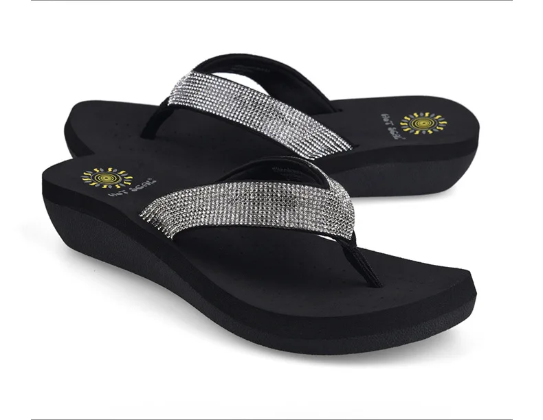 Best Selling Womens Slides Quality Rhinestone Slope Heel Flip-flops Non-slip Elastic Insoles Korean Fashion Summer Sandals