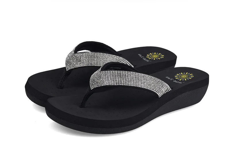 Best Selling Womens Slides Quality Rhinestone Slope Heel Flip-flops Non-slip Elastic Insoles Korean Fashion Summer Sandals