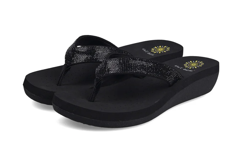 Best Selling Womens Slides Quality Rhinestone Slope Heel Flip-flops Non-slip Elastic Insoles Korean Fashion Summer Sandals