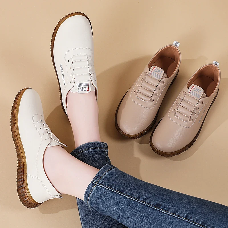 100% cowhide Women's Leather shoes New large size casual sports shoes Fashion Lightness Women's vulcanized shoes sneakers