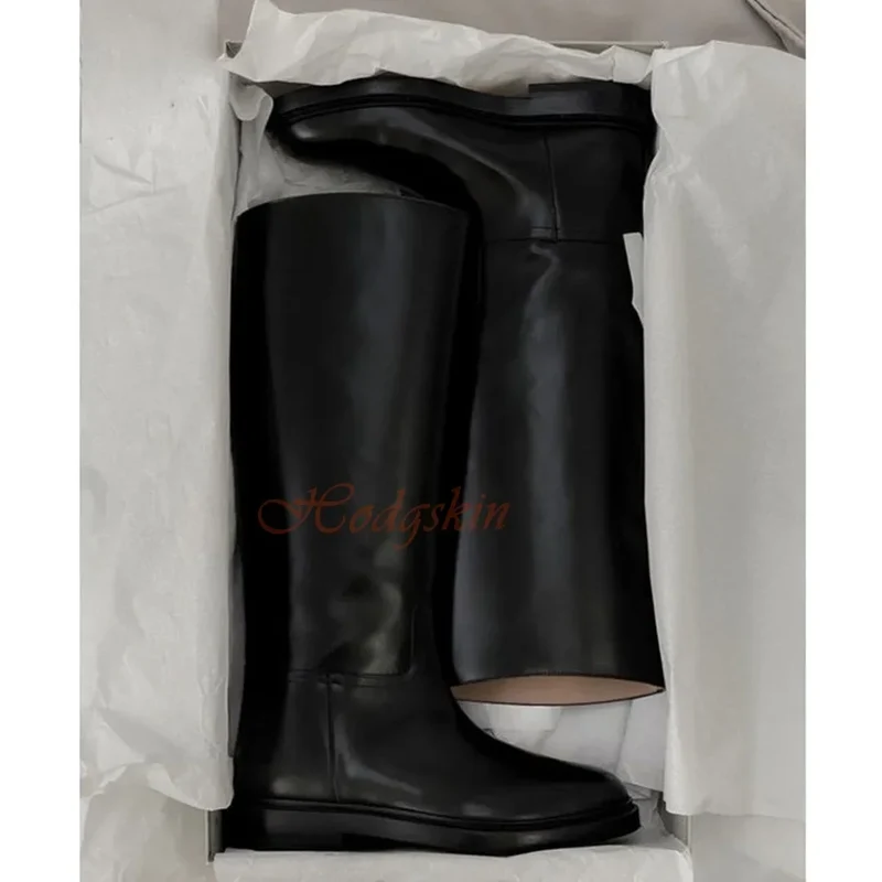 Genuine Leather Casual Boots Round Toe Chunky Med Heels Solid Slip On Trouser Boots Knee High Autumn Women Sexy Luxury Shoes