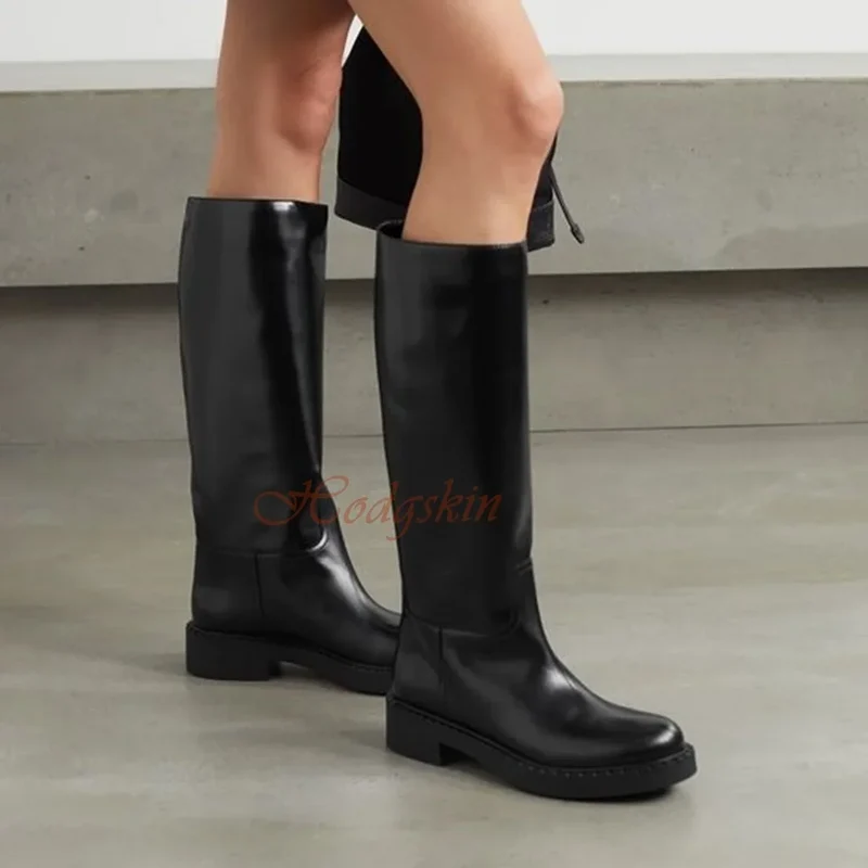Genuine Leather Casual Boots Round Toe Chunky Med Heels Solid Slip On Trouser Boots Knee High Autumn Women Sexy Luxury Shoes