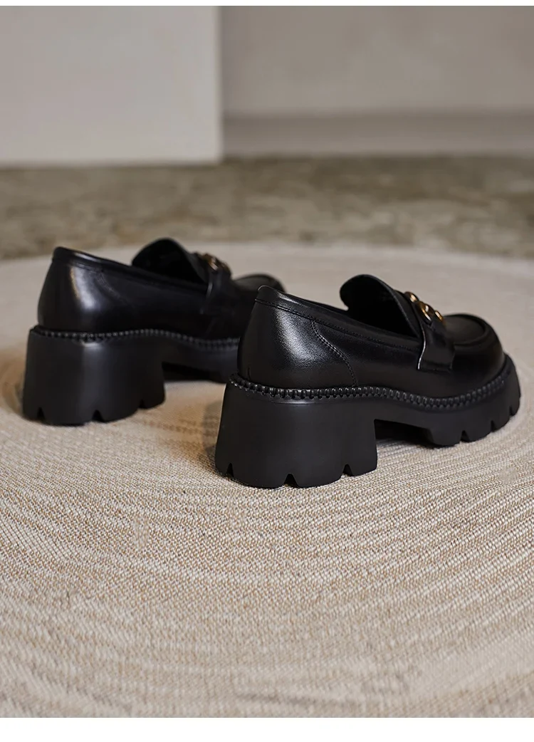 DRKANOL Women Thick Heel Loafers Slip On Pumps Spring Autumn New Design Metal Genuine Leather Round Toe High Heel Platform Shoes