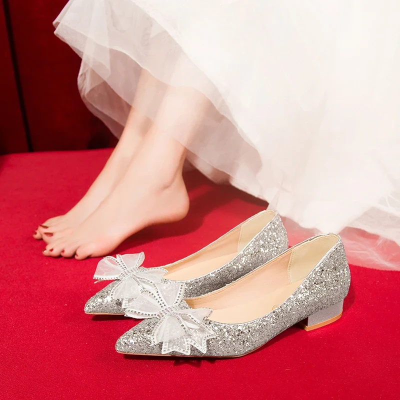 Crystal Butterfly-knot Flat Wedding Shoes Slip Shoes Women Shiny Gold Silver Bridal Shoes Beaded Flat Heels Med (3cm-5cm)