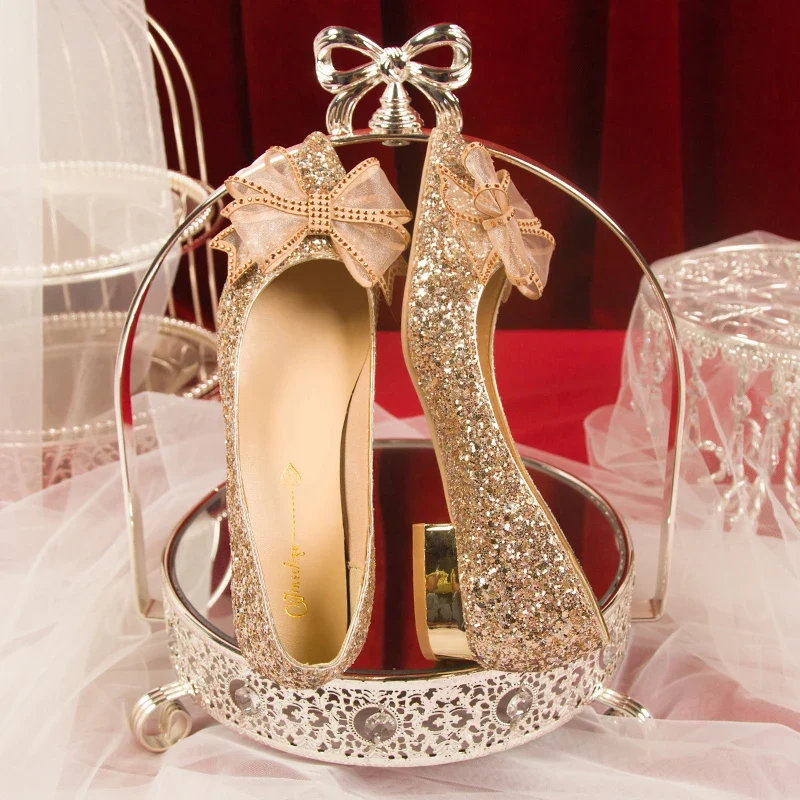 Crystal Butterfly-knot Flat Wedding Shoes Slip Shoes Women Shiny Gold Silver Bridal Shoes Beaded Flat Heels Med (3cm-5cm)