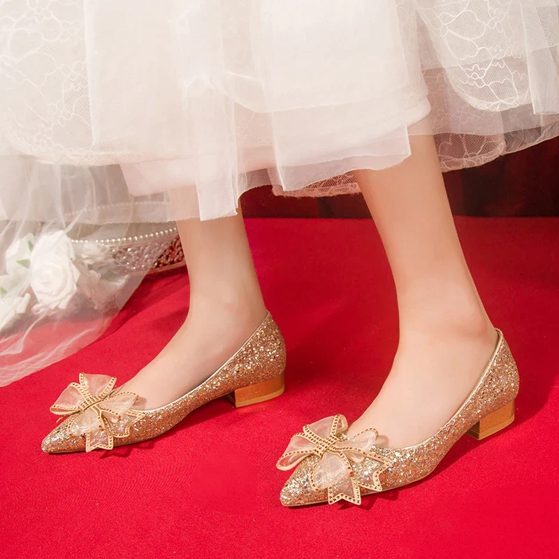 Crystal Butterfly-knot Flat Wedding Shoes Slip Shoes Women Shiny Gold Silver Bridal Shoes Beaded Flat Heels Med (3cm-5cm)