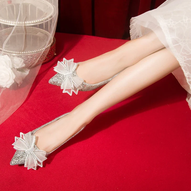Crystal Butterfly-knot Flat Wedding Shoes Slip Shoes Women Shiny Gold Silver Bridal Shoes Beaded Flat Heels Med (3cm-5cm)