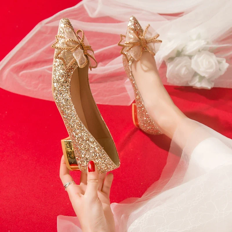 Crystal Butterfly-knot Flat Wedding Shoes Slip Shoes Women Shiny Gold Silver Bridal Shoes Beaded Flat Heels Med (3cm-5cm)