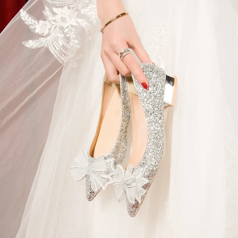 Crystal Butterfly-knot Flat Wedding Shoes Slip Shoes Women Shiny Gold Silver Bridal Shoes Beaded Flat Heels Med (3cm-5cm)