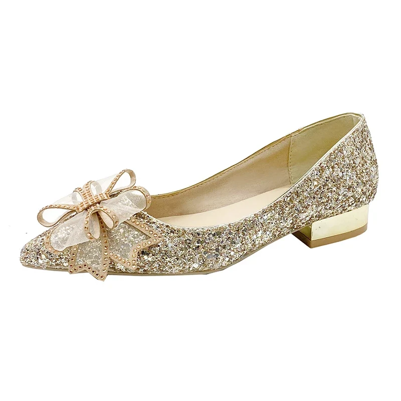 Crystal Butterfly-knot Flat Wedding Shoes Slip Shoes Women Shiny Gold Silver Bridal Shoes Beaded Flat Heels Med (3cm-5cm)