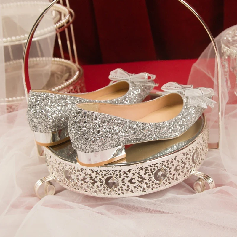 Crystal Butterfly-knot Flat Wedding Shoes Slip Shoes Women Shiny Gold Silver Bridal Shoes Beaded Flat Heels Med (3cm-5cm)