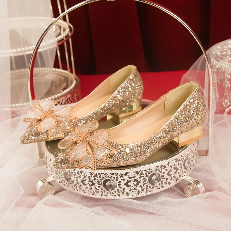 Crystal Butterfly-knot Flat Wedding Shoes Slip Shoes Women Shiny Gold Silver Bridal Shoes Beaded Flat Heels Med (3cm-5cm)