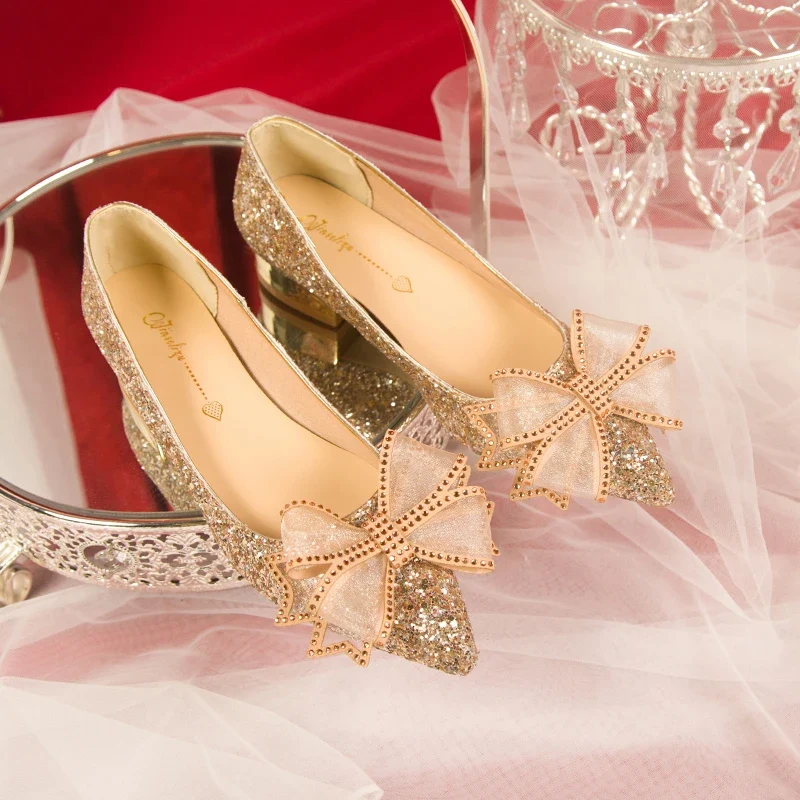 Crystal Butterfly-knot Flat Wedding Shoes Slip Shoes Women Shiny Gold Silver Bridal Shoes Beaded Flat Heels Med (3cm-5cm)