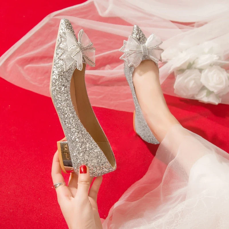 Crystal Butterfly-knot Flat Wedding Shoes Slip Shoes Women Shiny Gold Silver Bridal Shoes Beaded Flat Heels Med (3cm-5cm)