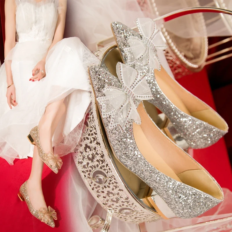 Crystal Butterfly-knot Flat Wedding Shoes Slip Shoes Women Shiny Gold Silver Bridal Shoes Beaded Flat Heels Med (3cm-5cm)