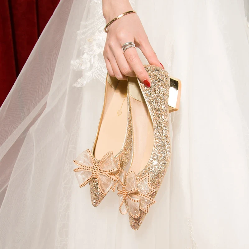 Crystal Butterfly-knot Flat Wedding Shoes Slip Shoes Women Shiny Gold Silver Bridal Shoes Beaded Flat Heels Med (3cm-5cm)