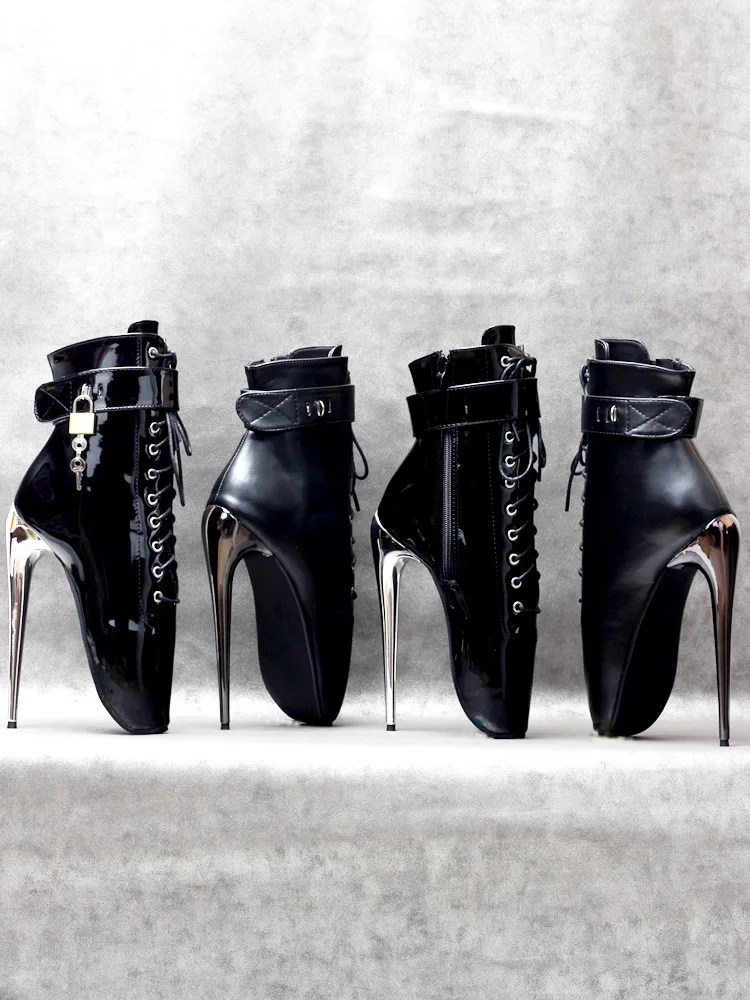 JIALUOWEI New 7Inch Stiletto High Heel Lock Wrap Strap Ankle Length Fetish Ballet Boots In Stock Shipping Fast