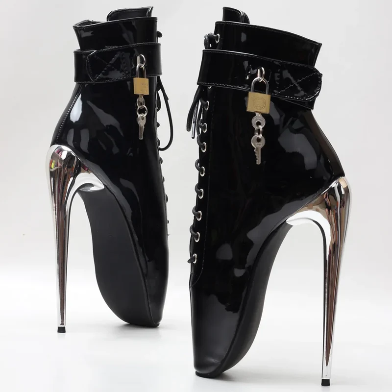 JIALUOWEI New 7Inch Stiletto High Heel Lock Wrap Strap Ankle Length Fetish Ballet Boots In Stock Shipping Fast