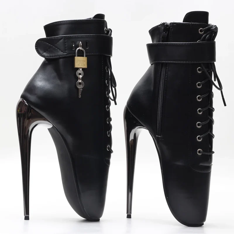 JIALUOWEI New 7Inch Stiletto High Heel Lock Wrap Strap Ankle Length Fetish Ballet Boots In Stock Shipping Fast
